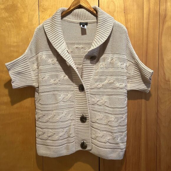 Talbots Classic Short Sleeve Chunky Cable Cardigan-Shawl Collar-Sz L-Preppy - Picture 1 of 10